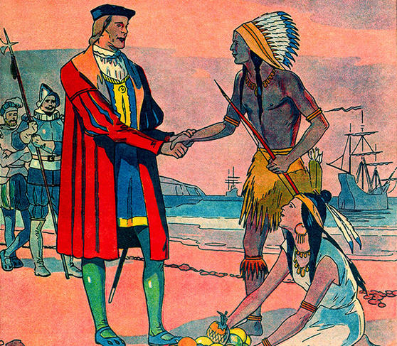 No social distancing or other preventive measure is observed with the conquistadors in this handshake depicted in a blatantly paternalistic, idealised textbook illustration from the 1940s.