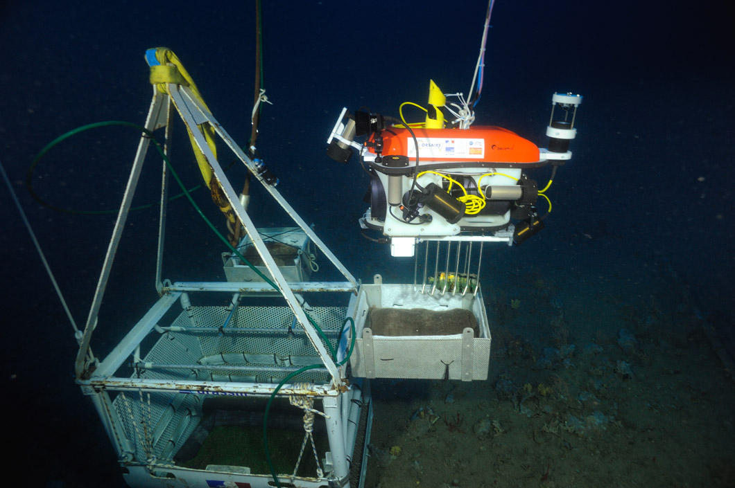 A robot places an object in a case deep underwater.