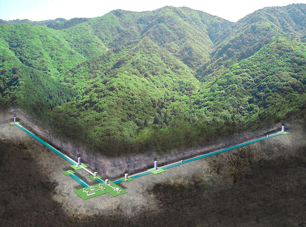 An illustration of the underground KAGRA gravitational-wave detector in Japan.