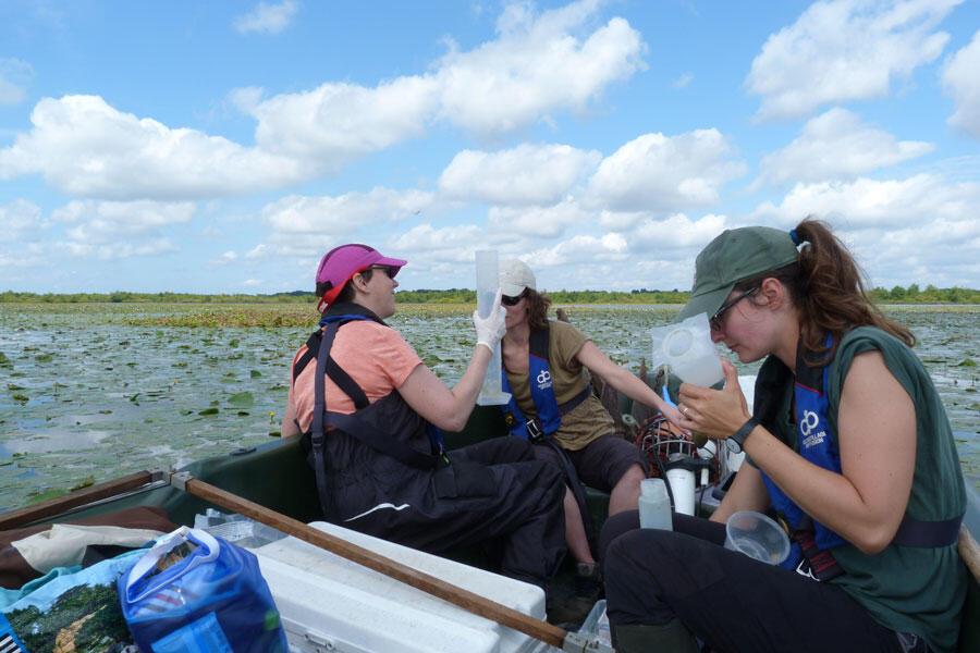 Trois scientifiques sur un bateau prélèvent de l'eau dans le lac de Grand-Lieu (Loire-Atlantique) afin de caractériser sa composition en planctons