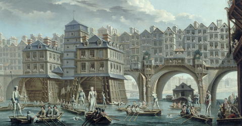 Painting of 18th century Paris with bridges built up with houses.